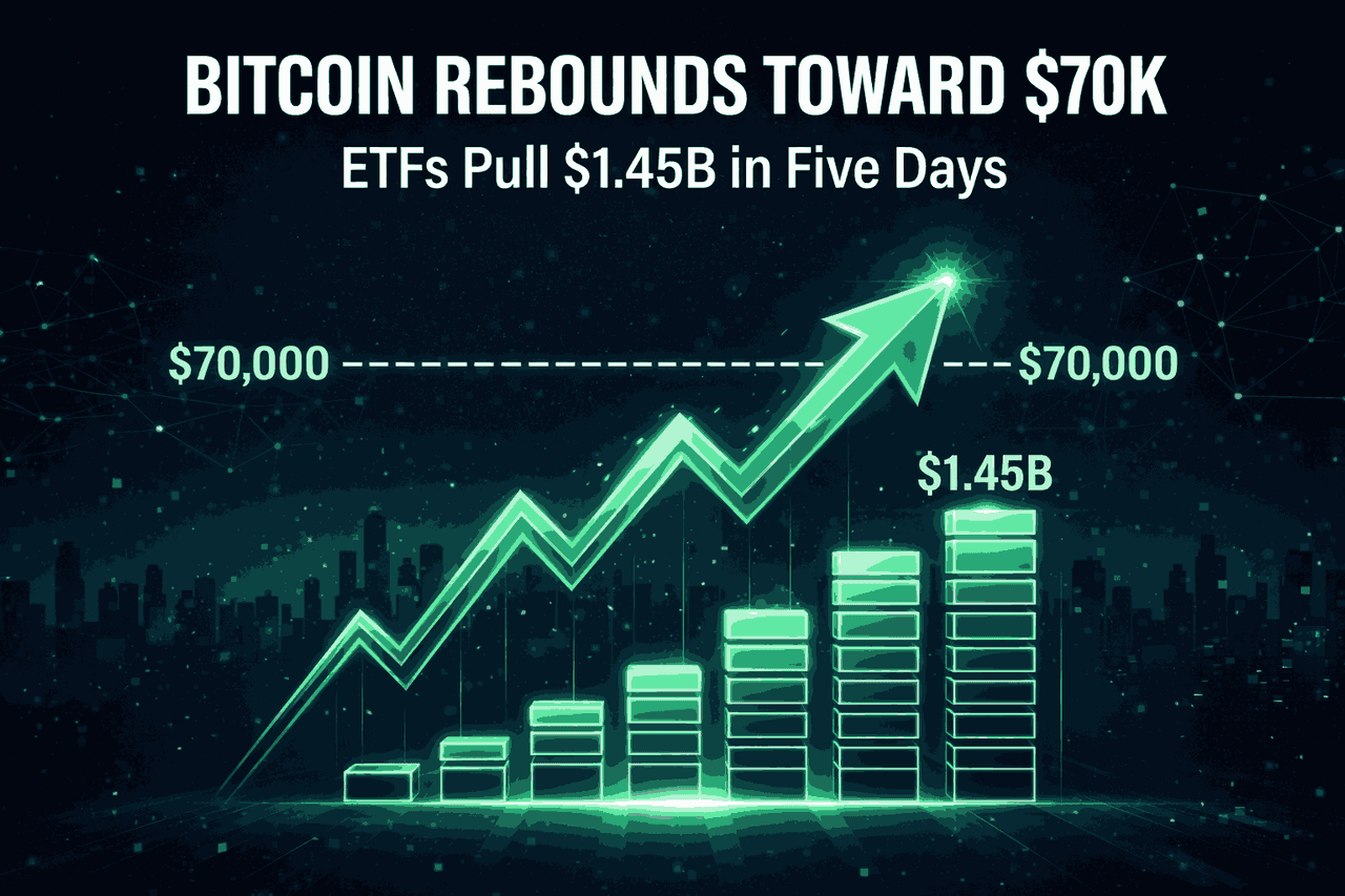 Bitcoin Rebounds Toward $70K as ETFs Pull $1.45B in Five Days