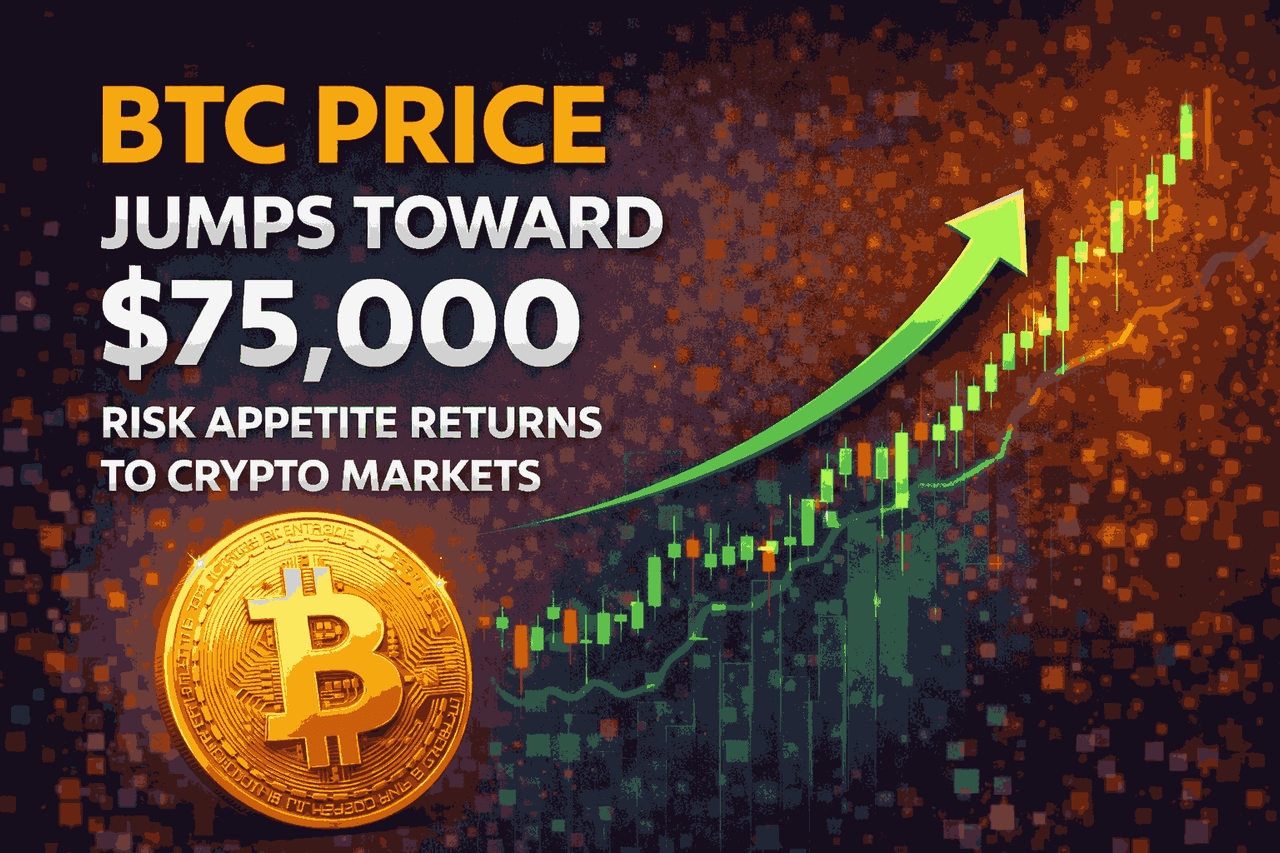 BTC Price Jumps Toward $75,000 as Risk Appetite Returns